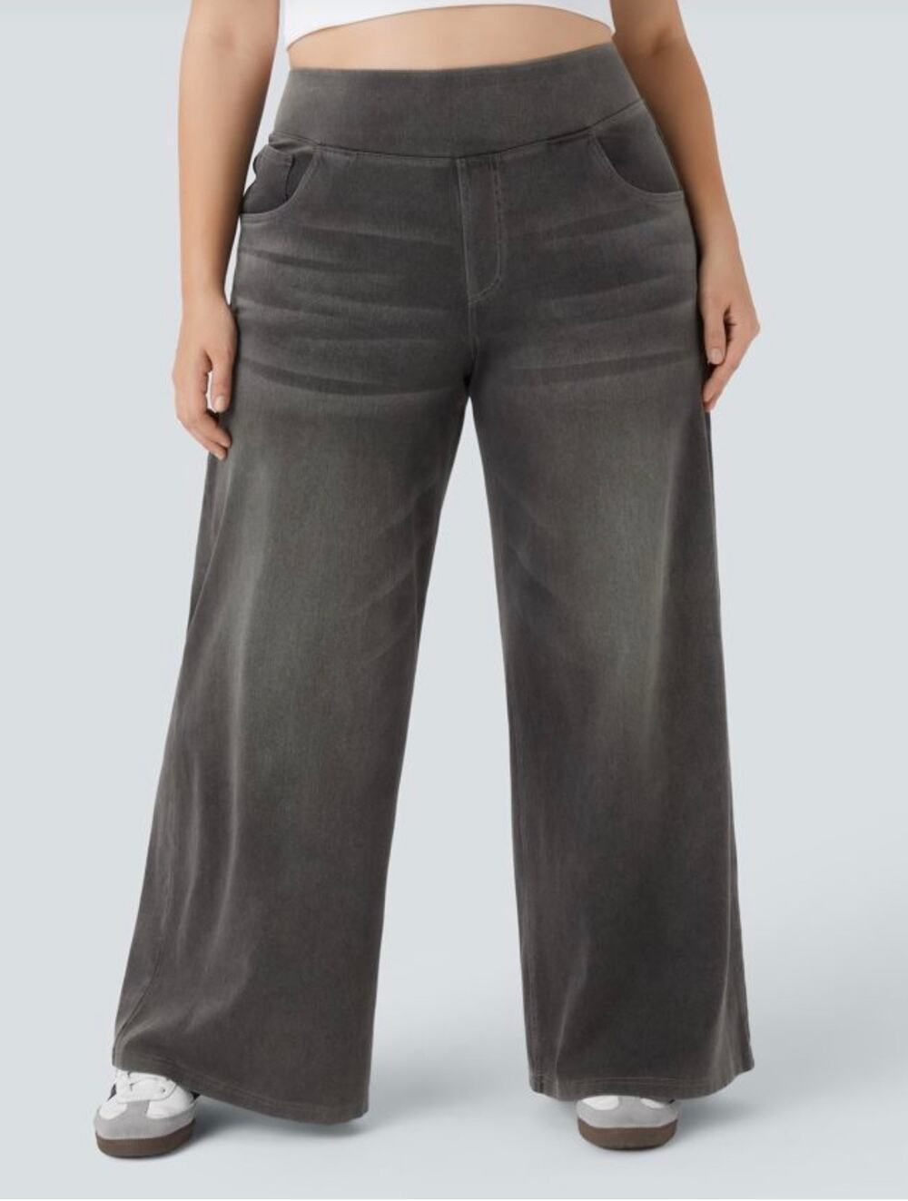 Halara Flex Wide Leg Pants Large Petite Grey High Rise Elastic Waist Stretch